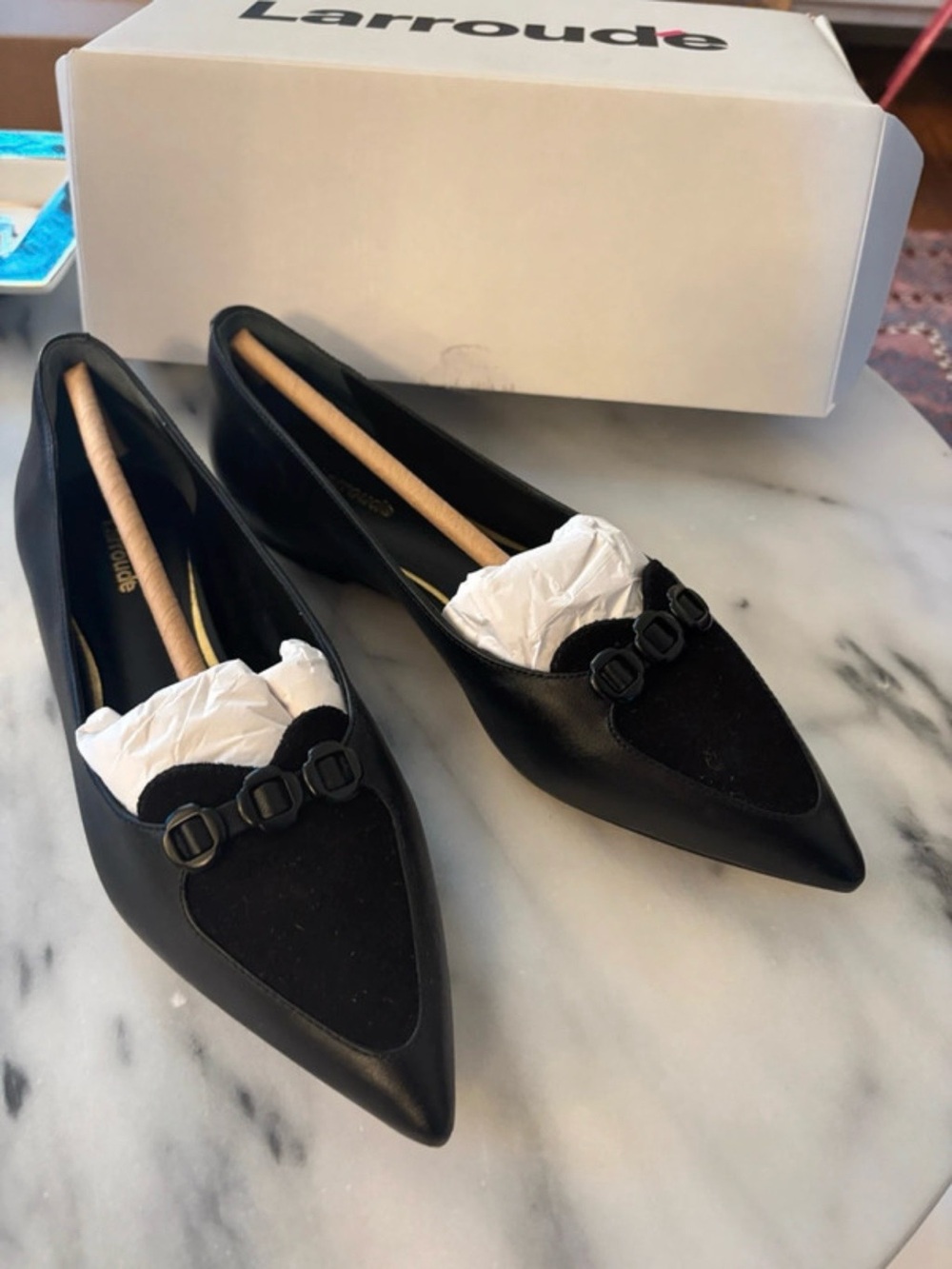 NWB Larroude Audrey Black Suede and Leather flats, size 7